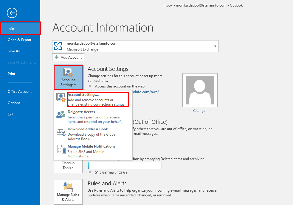 Go to File > Info > Account Settings > Account Settings